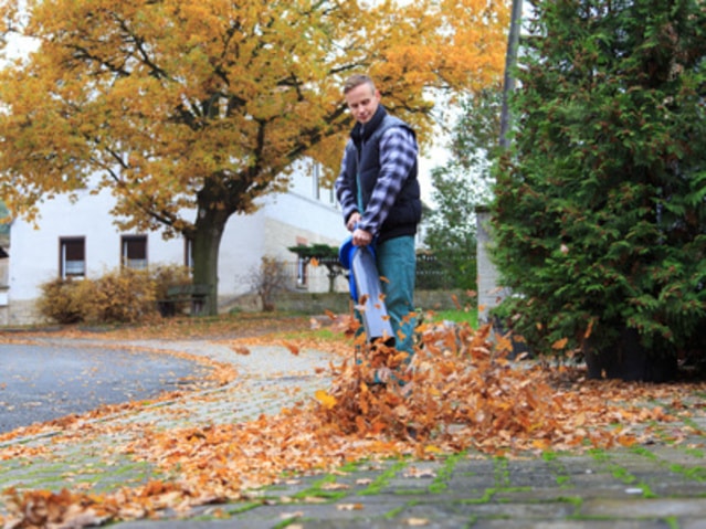 Mann mit Laubsauger blässt Blätter weg vor Haus